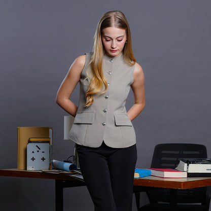 Lennon Mandarin Collar Vest Blouse with Flap Pockets and Silver Buttons