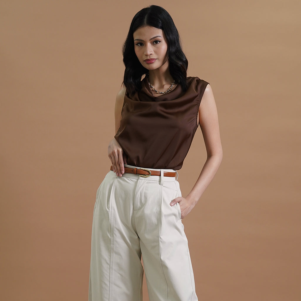 Irina Sleeveless Satin Draped Cowl Neck Blouse