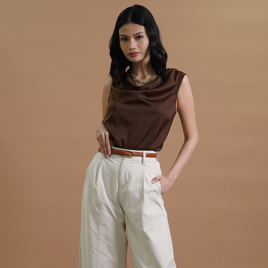 Irina Sleeveless Satin Draped Cowl Neck Blouse