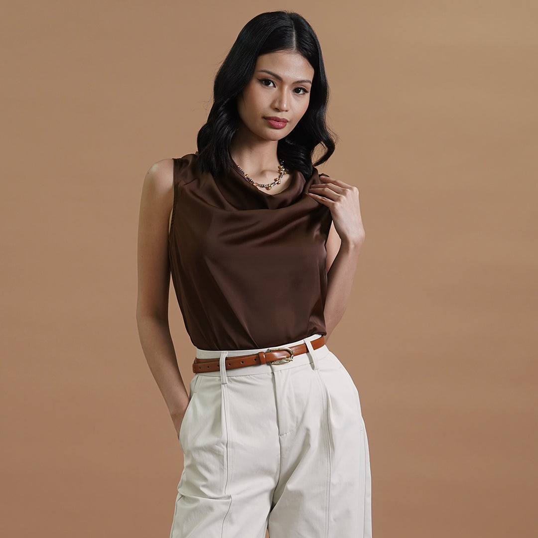Irina Sleeveless Satin Draped Cowl Neck Blouse