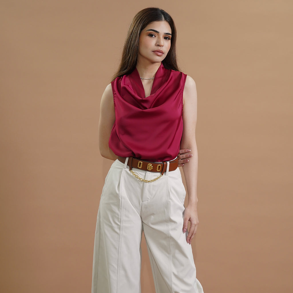 Irina Sleeveless Satin Draped Cowl Neck Blouse