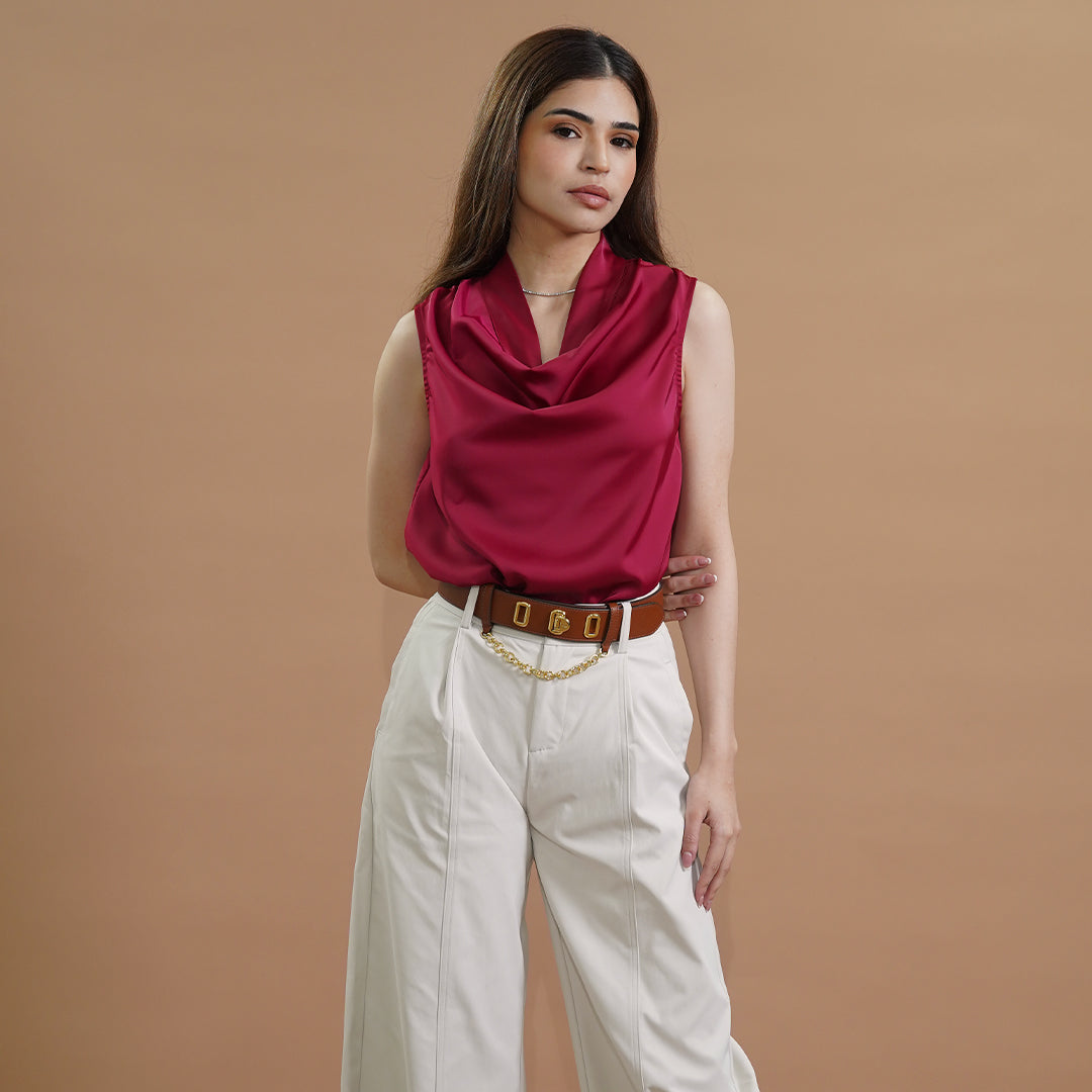 Irina Sleeveless Satin Draped Cowl Neck Blouse