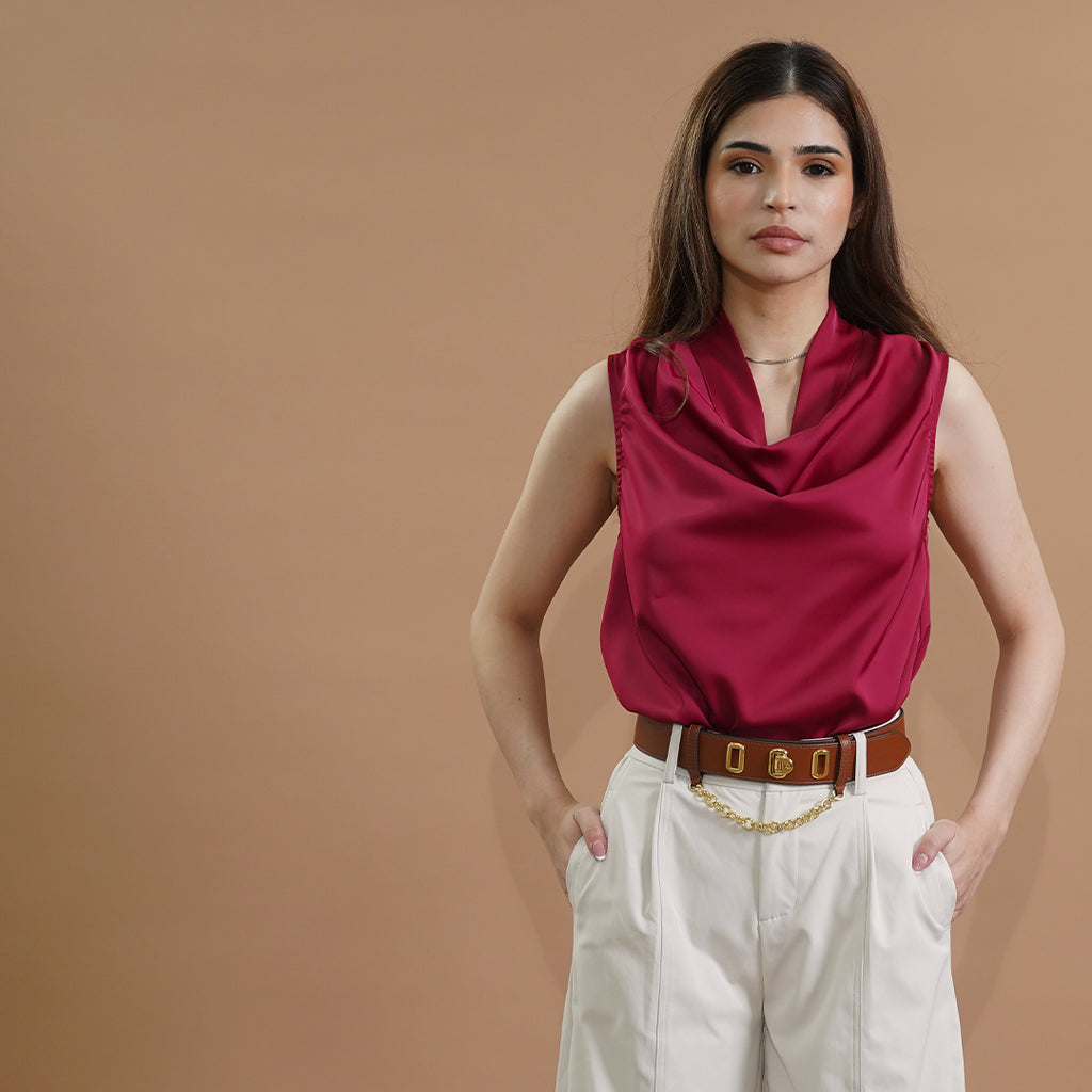 Irina Sleeveless Satin Draped Cowl Neck Blouse