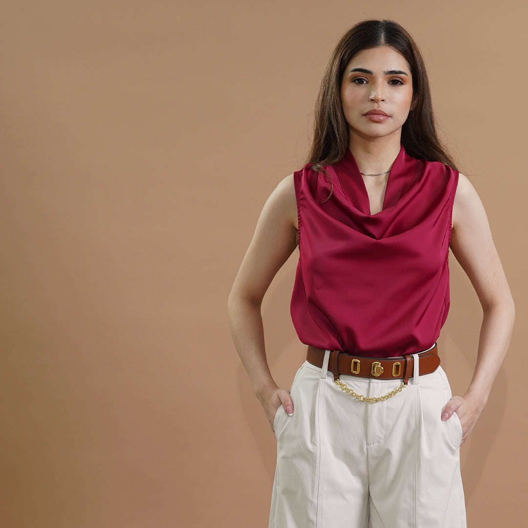 Irina Sleeveless Satin Draped Cowl Neck Blouse
