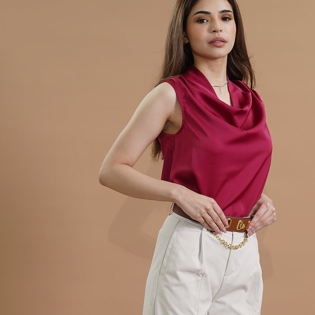 Irina Sleeveless Satin Draped Cowl Neck Blouse