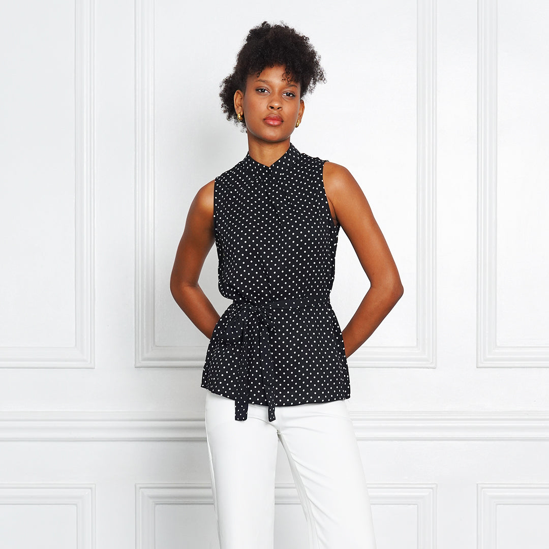 Jemelle Sleeveless Polka Dot Tie-Waist Blouse