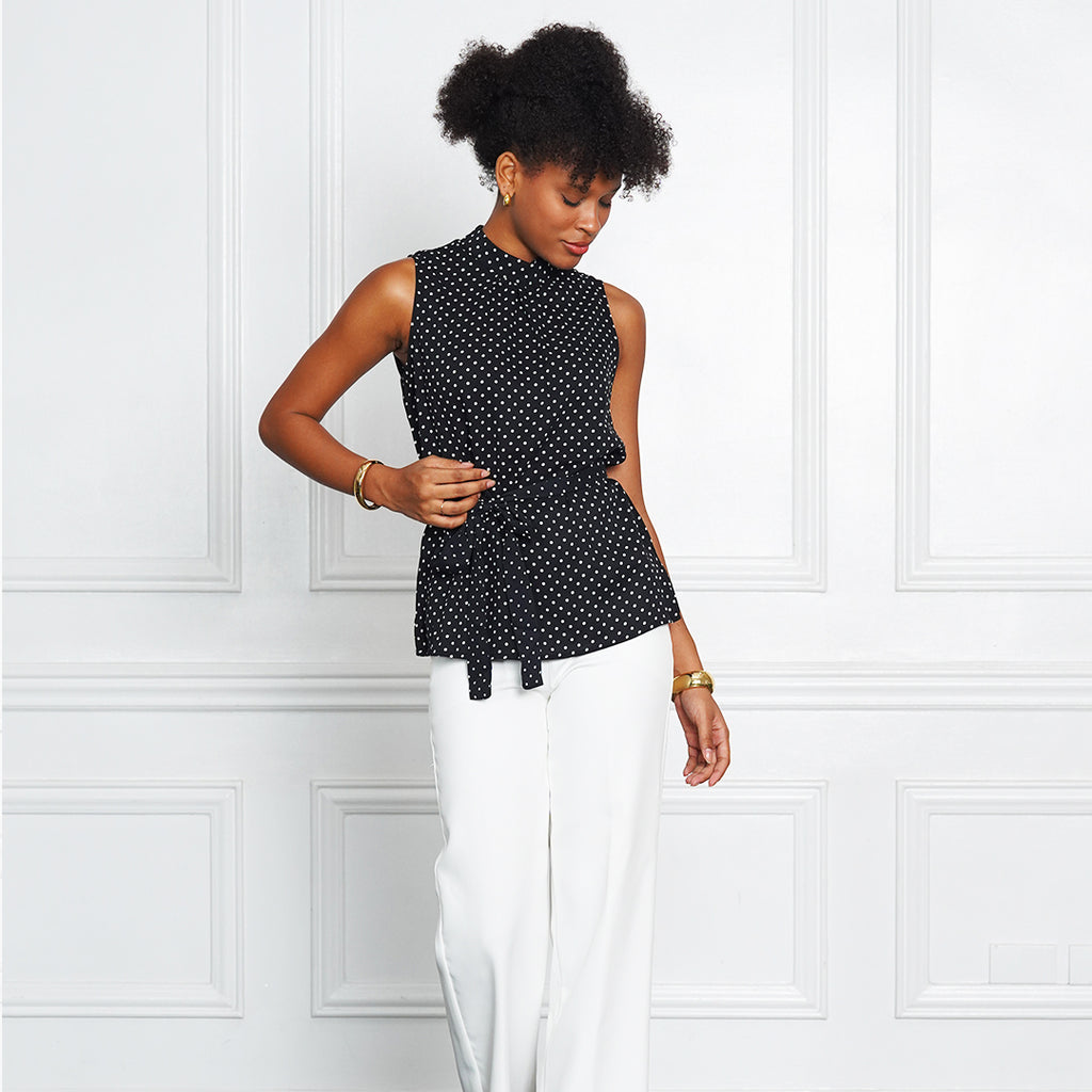 Jemelle Sleeveless Polka Dot Tie-Waist Blouse