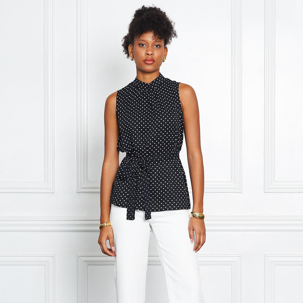 Jemelle Sleeveless Polka Dot Tie-Waist Blouse