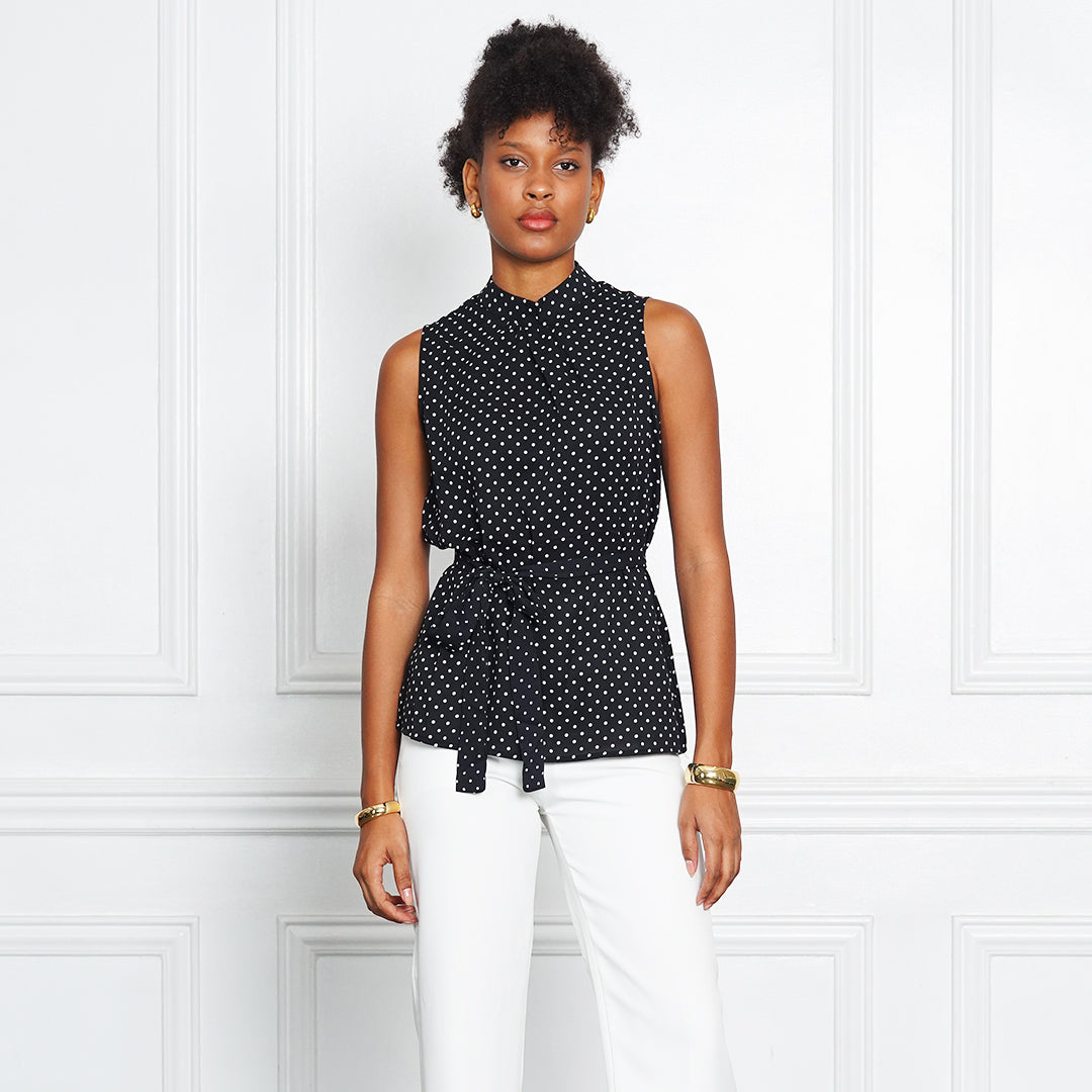 Jemelle Sleeveless Polka Dot Tie-Waist Blouse