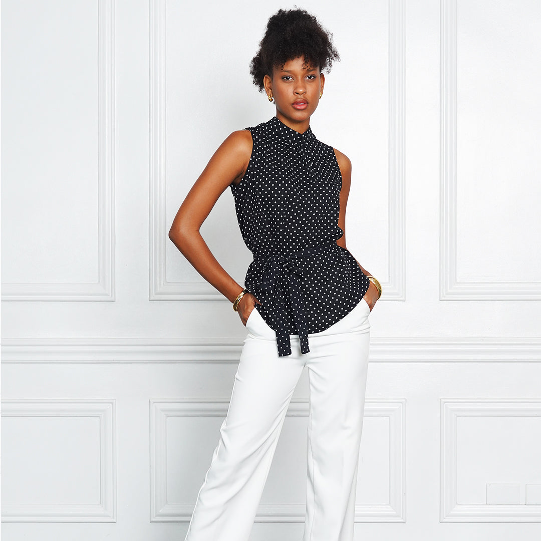 Jemelle Sleeveless Polka Dot Tie-Waist Blouse