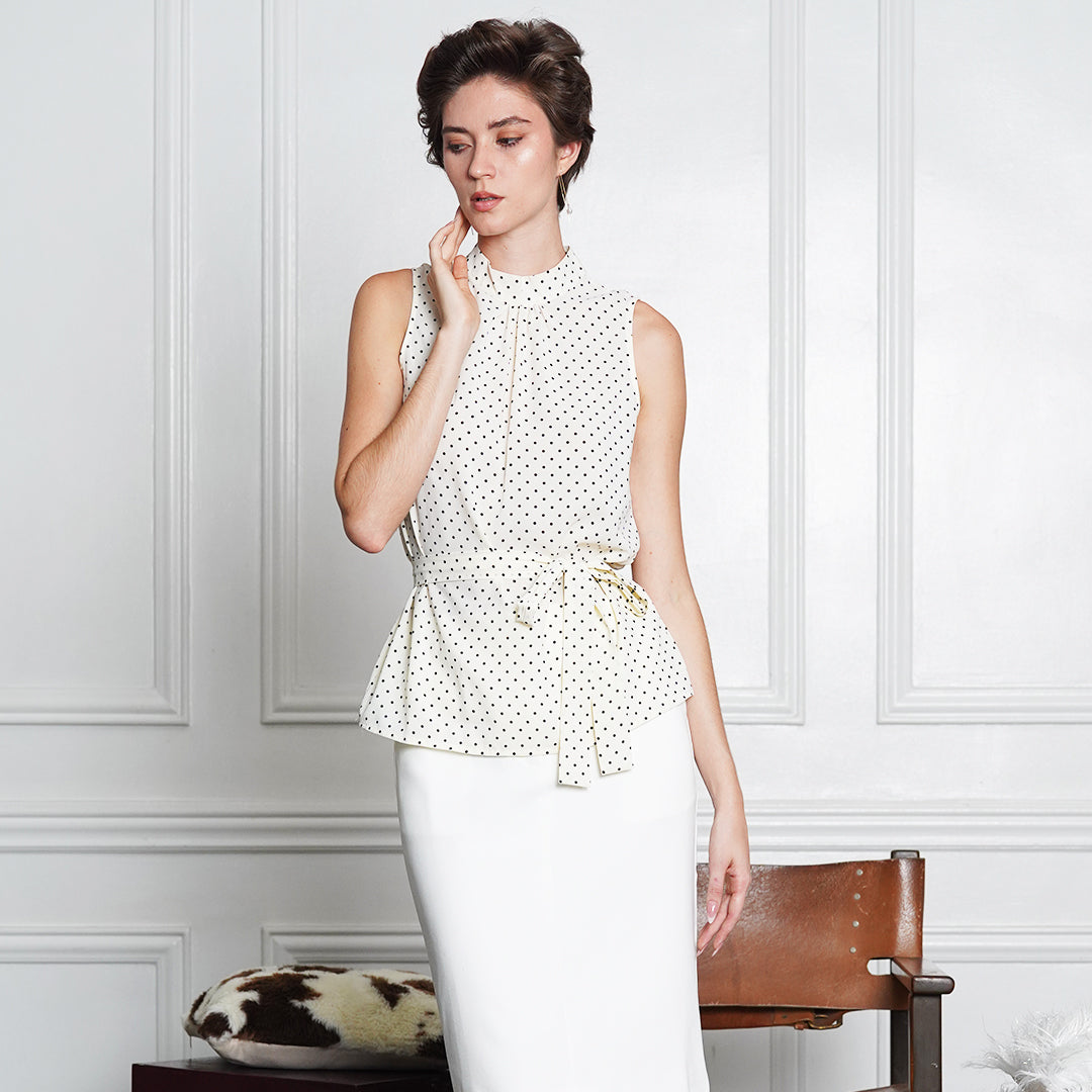 Jemelle Sleeveless Polka Dot Tie-Waist Blouse