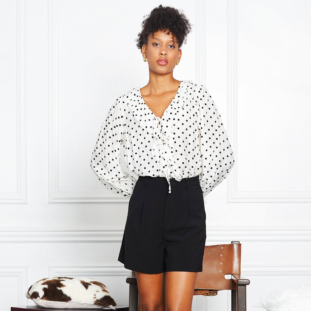Jessica Polka Dot Ruffle Tie-Front Blouse