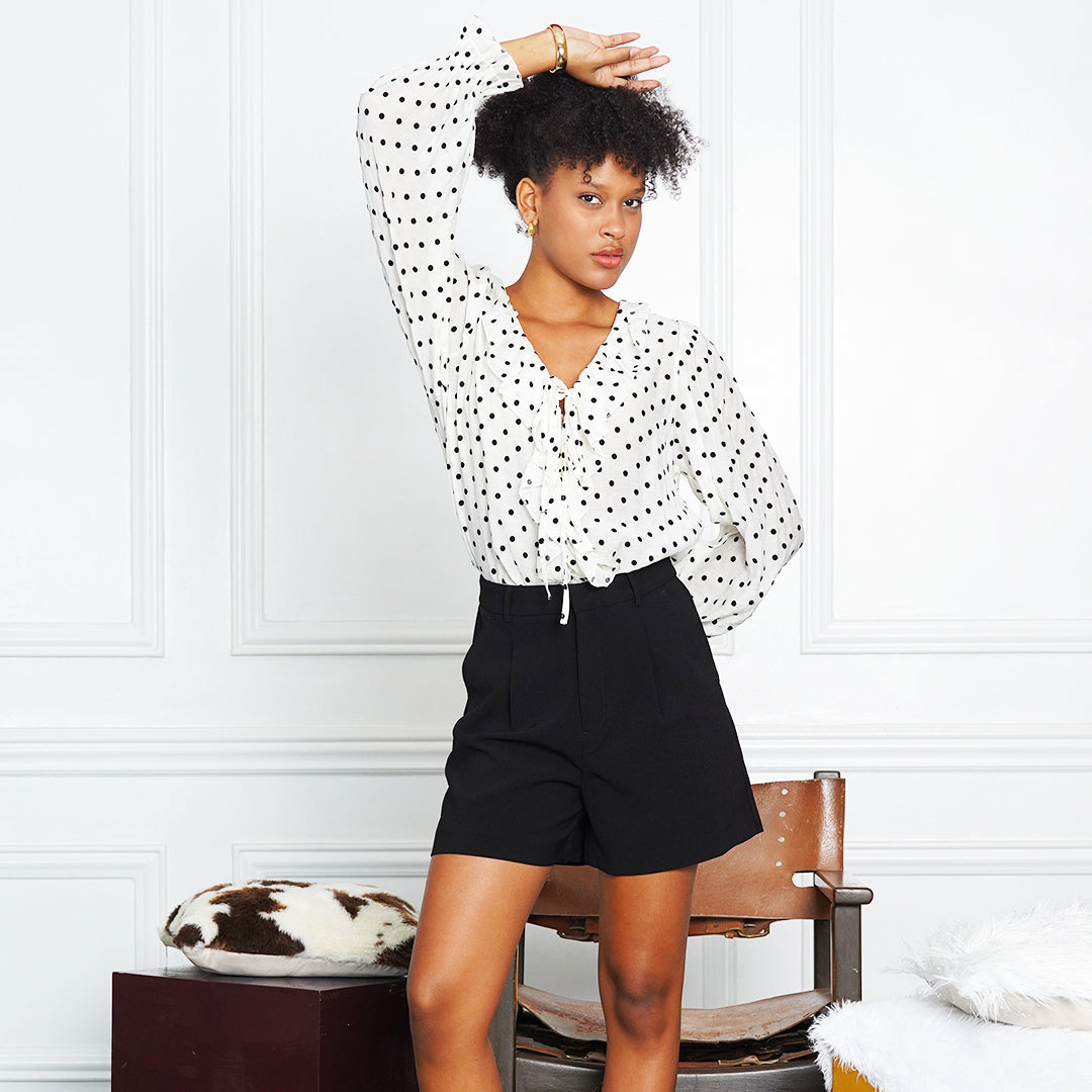 Jessica Polka Dot Ruffle Tie-Front Blouse