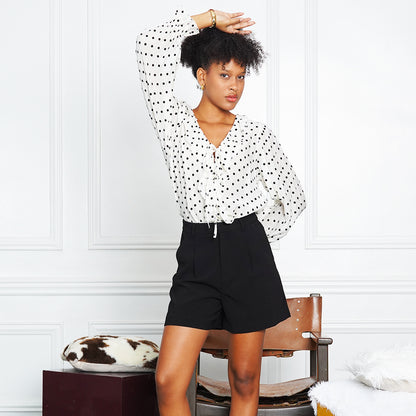 Jessica Polka Dot Ruffle Tie-Front Blouse