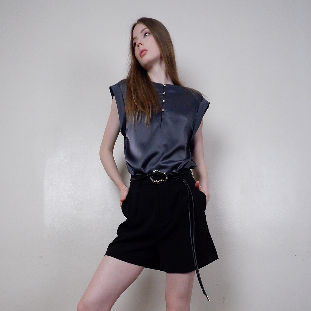 Elisse Satin Sleeveless Blouse with Button Accents