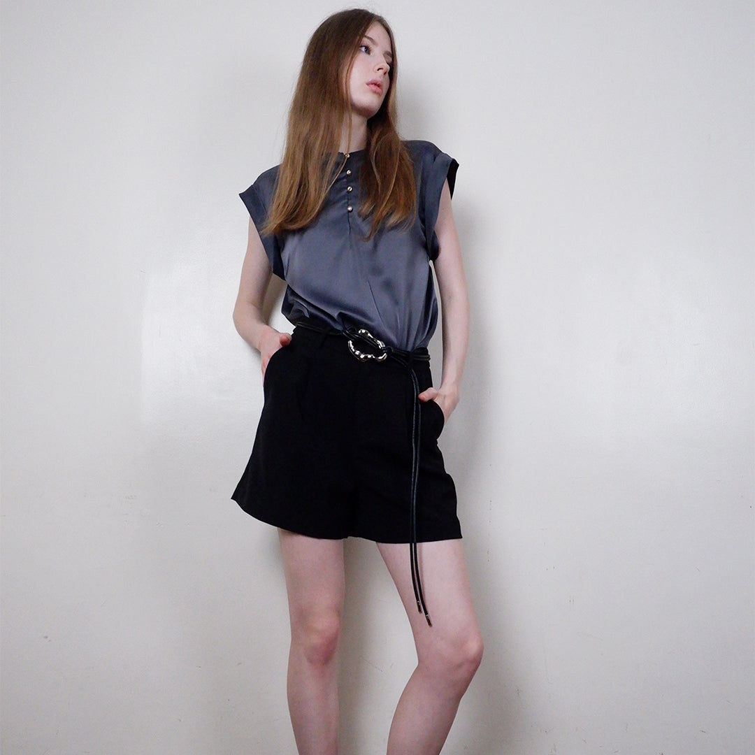 Elisse Satin Sleeveless Blouse with Button Accents