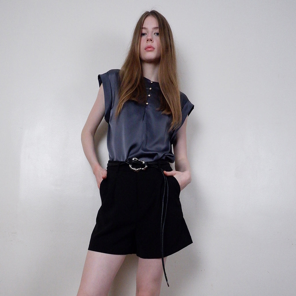 Elisse Satin Sleeveless Blouse with Button Accents