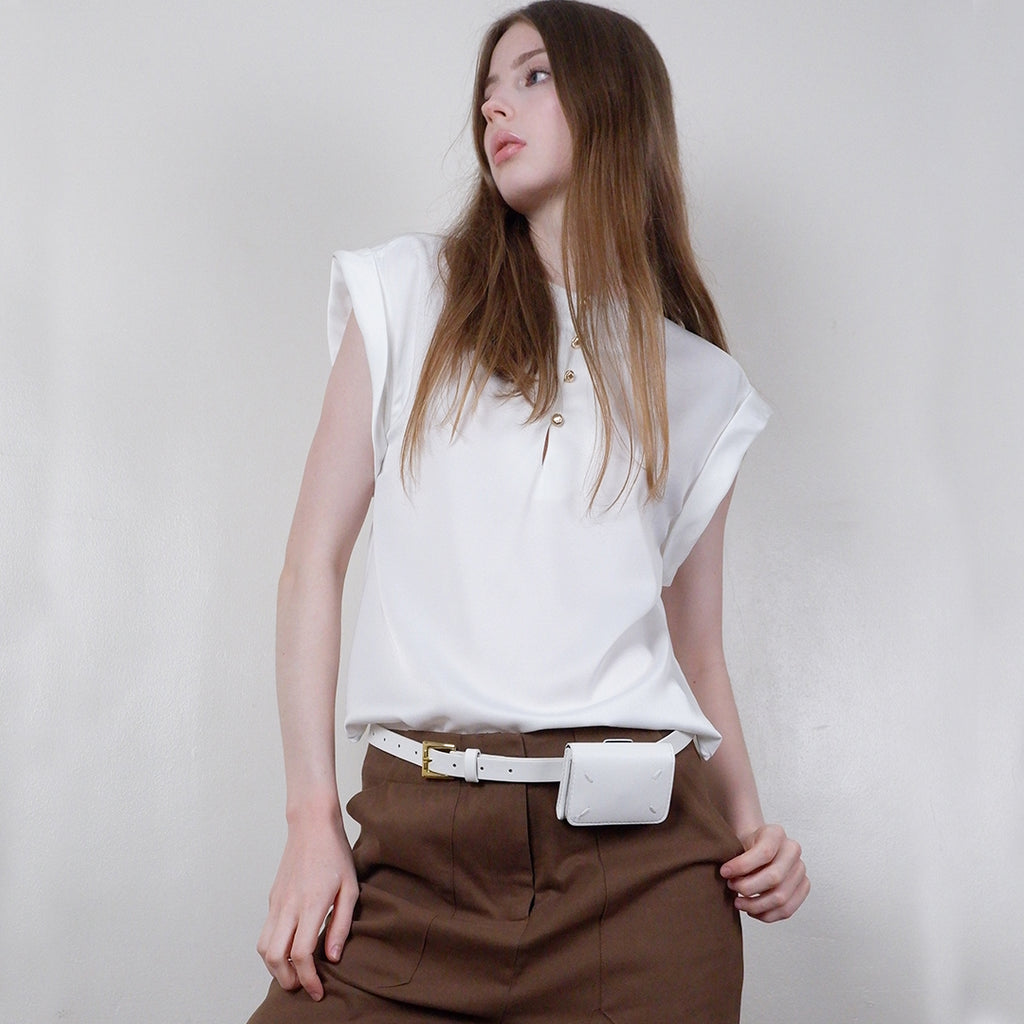 Elisse Satin Sleeveless Blouse with Button Accents