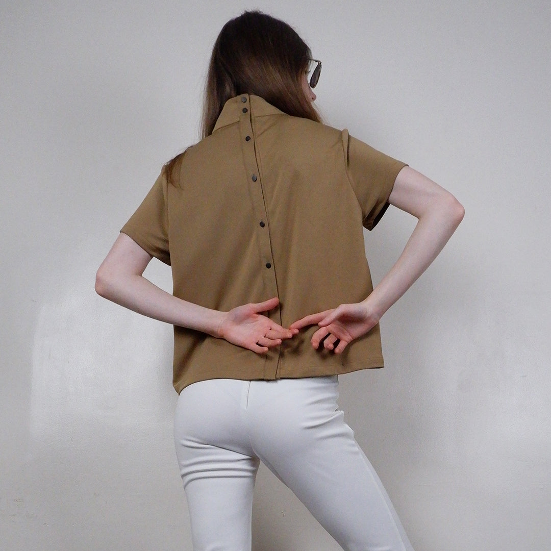 Divina High Neck Back Button Boxy Top