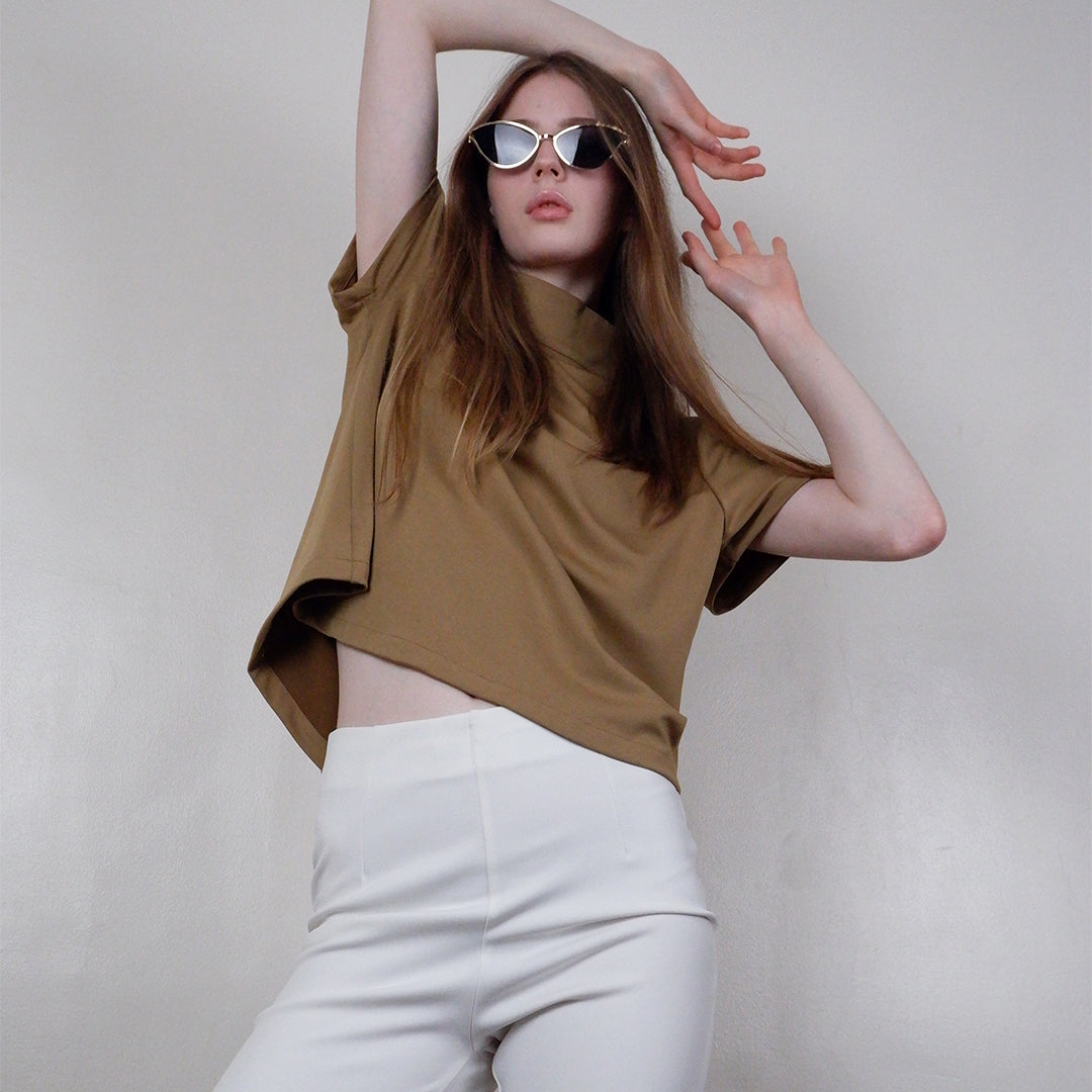 Divina High Neck Back Button Boxy Top