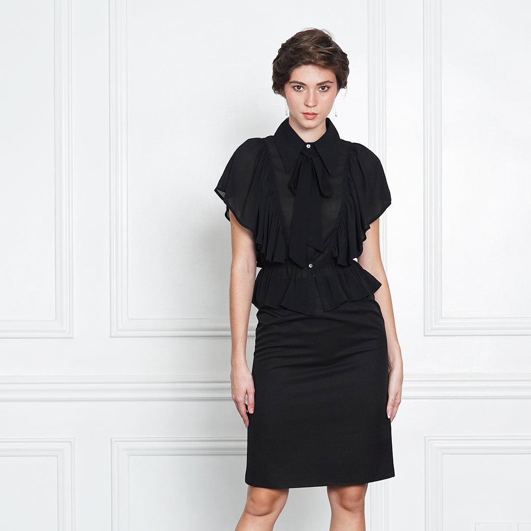 Gwen Mauve Ruffle Blouse with Black Pussy-Bow Tie