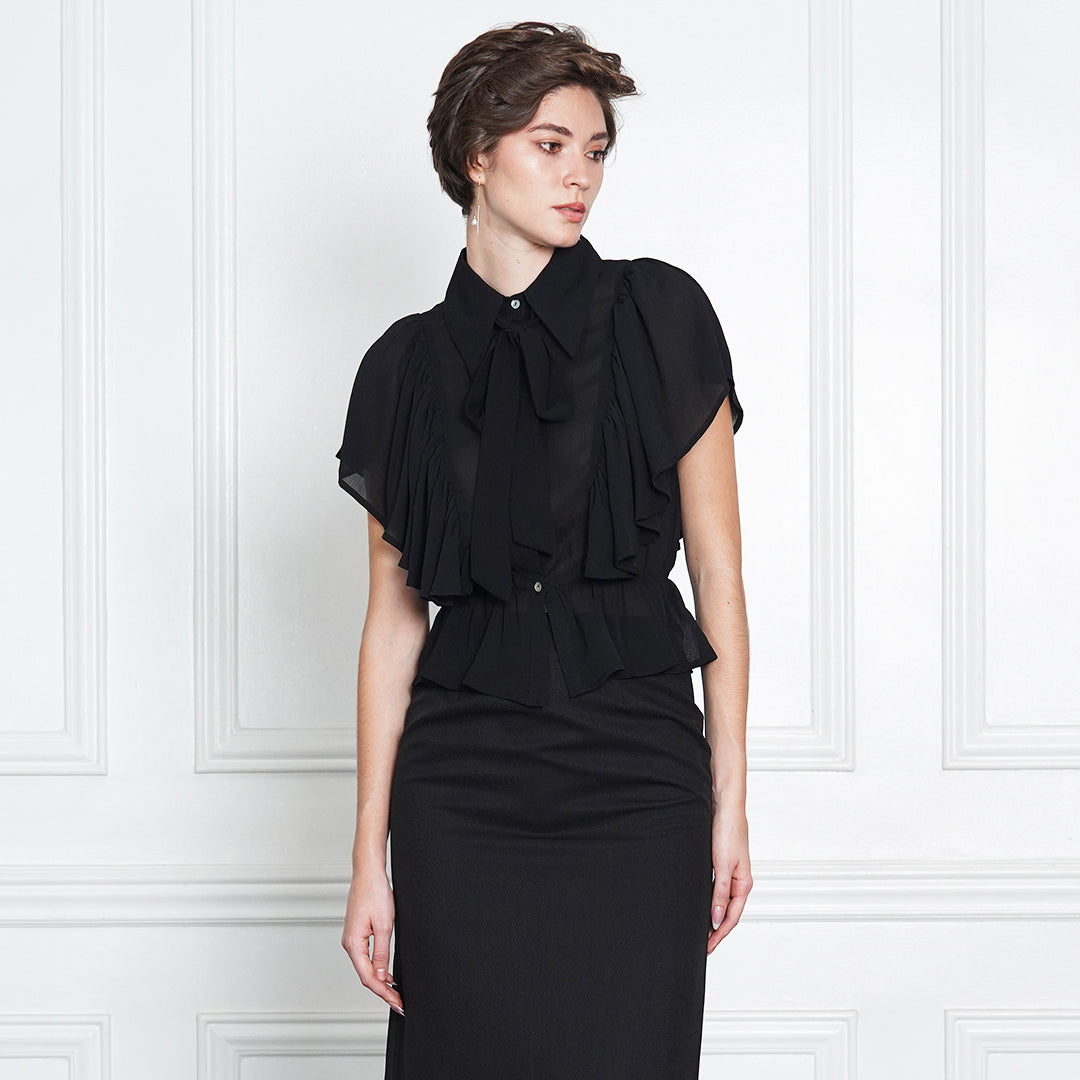 Gwen Mauve Ruffle Blouse with Black Pussy-Bow Tie