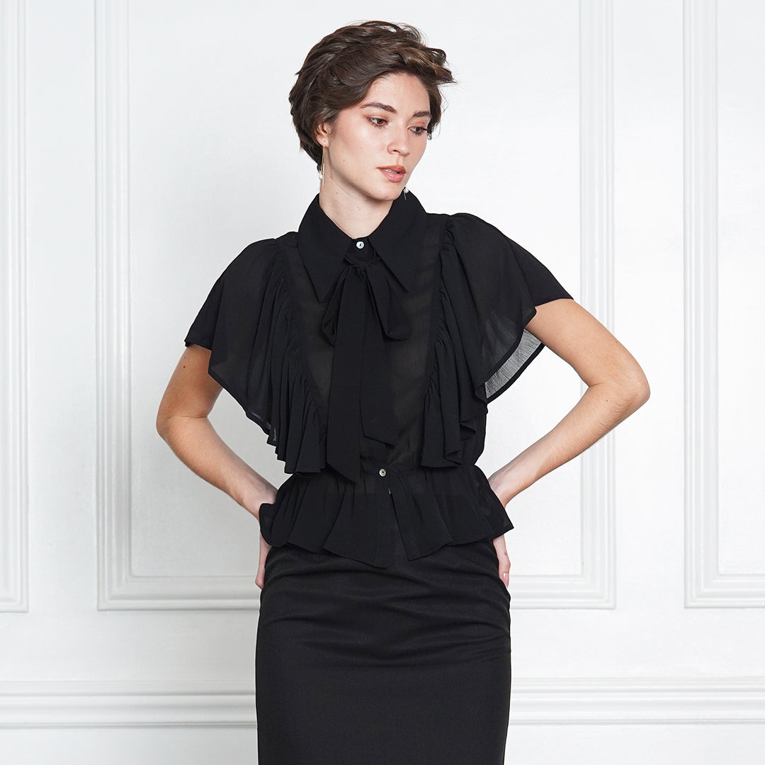 Gwen Mauve Ruffle Blouse with Black Pussy-Bow Tie
