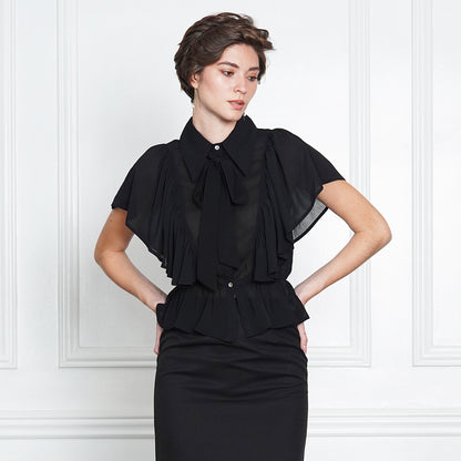 Gwen Mauve Ruffle Blouse with Black Pussy-Bow Tie