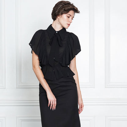 Gwen Mauve Ruffle Blouse with Black Pussy-Bow Tie