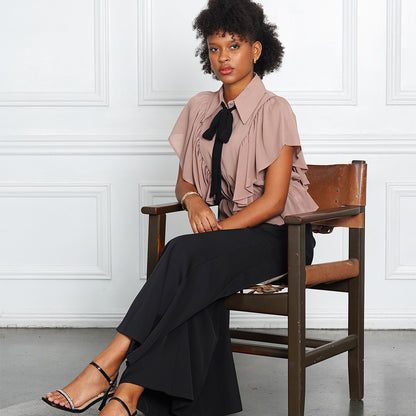 Gwen Mauve Ruffle Blouse with Black Pussy-Bow Tie