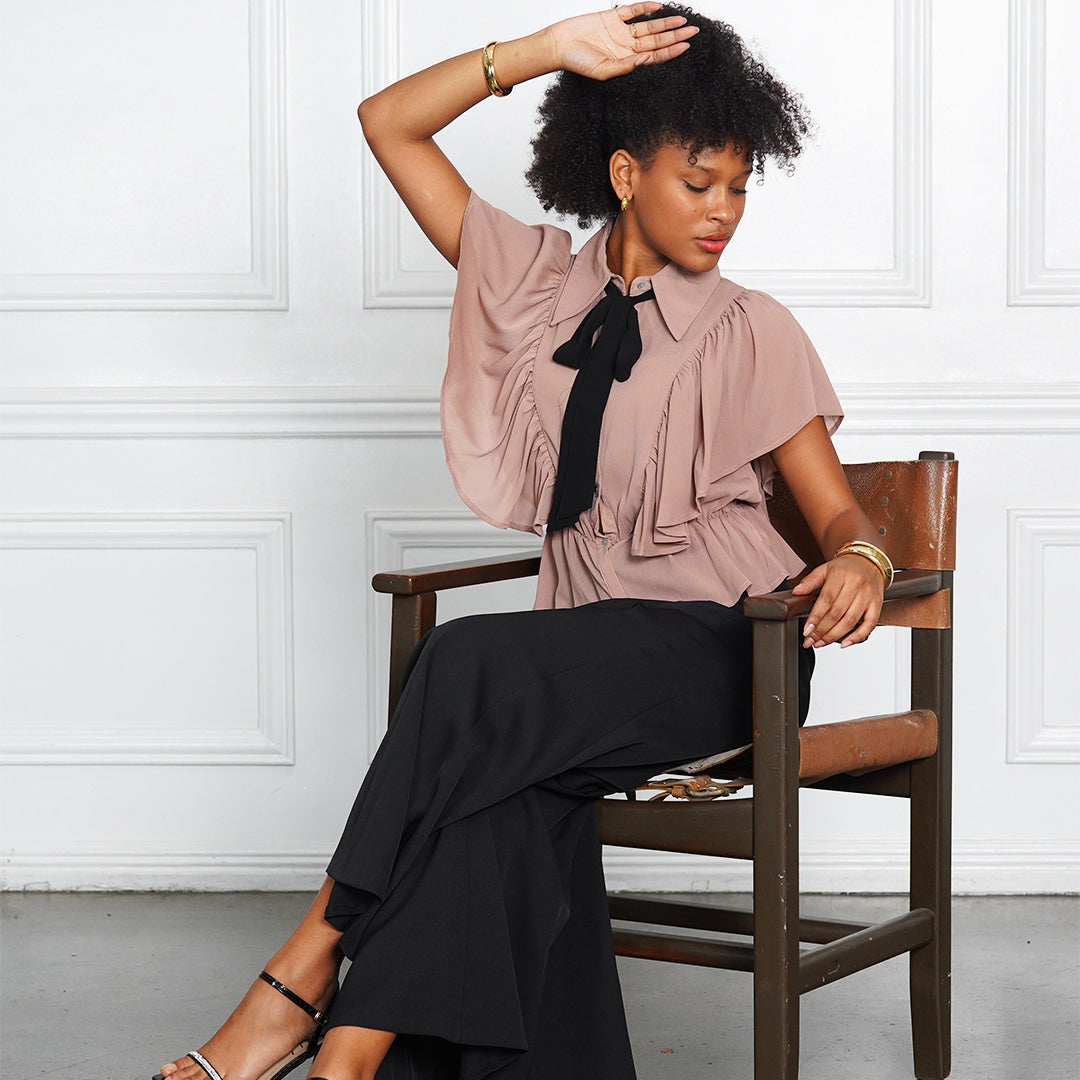 Gwen Mauve Ruffle Blouse with Black Pussy-Bow Tie