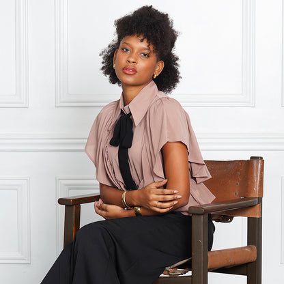 Gwen Mauve Ruffle Blouse with Black Pussy-Bow Tie