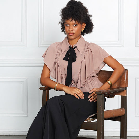Gwen Mauve Ruffle Blouse with Black Pussy-Bow Tie