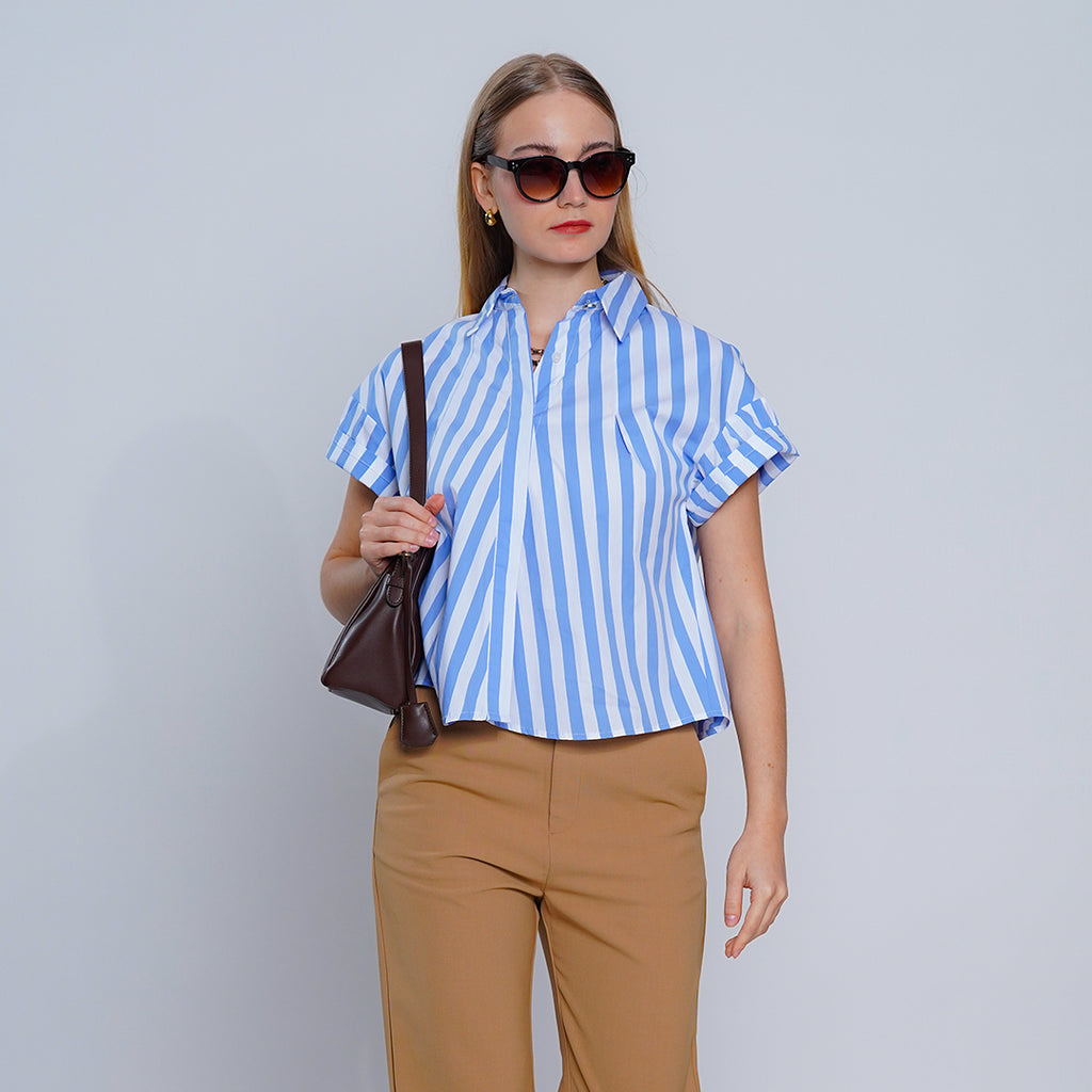 Lenora Coastal Chic Short Sleeve Striped Cotton Shirt