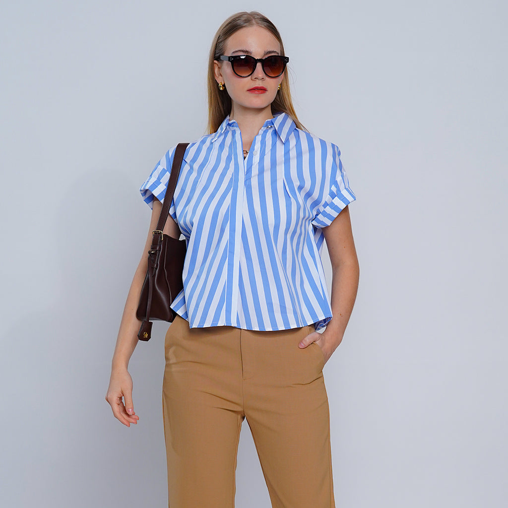Lenora Coastal Chic Short Sleeve Striped Cotton Shirt