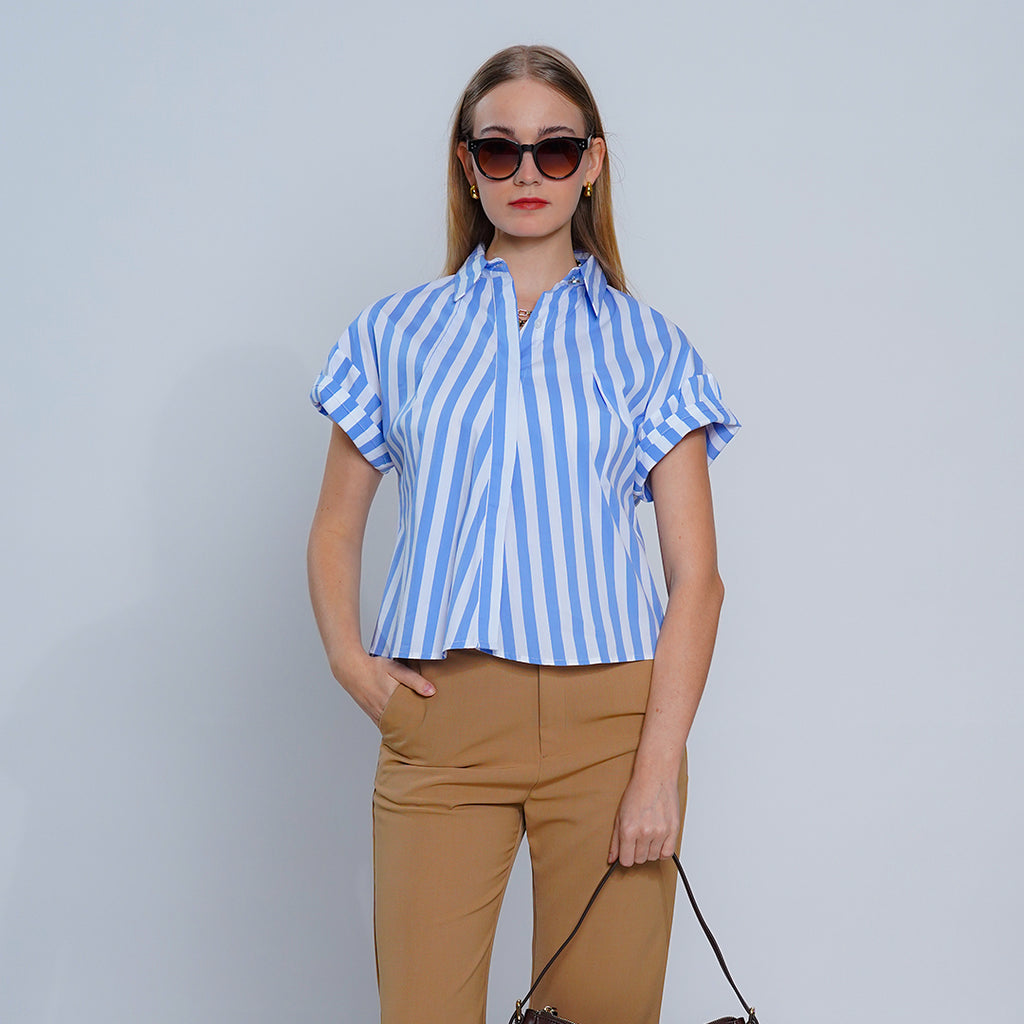 Lenora Coastal Chic Short Sleeve Striped Cotton Shirt