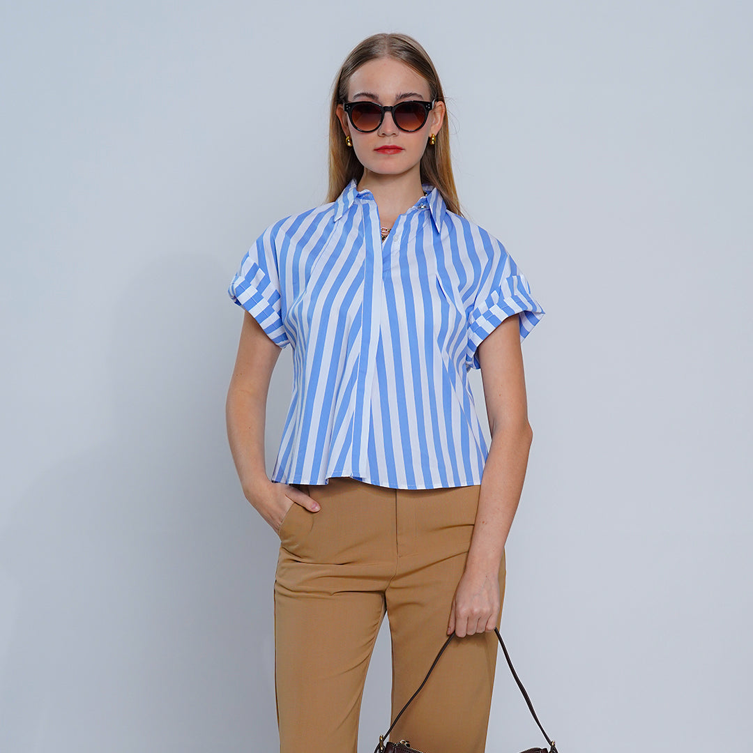 Lenora Coastal Chic Short Sleeve Striped Cotton Shirt