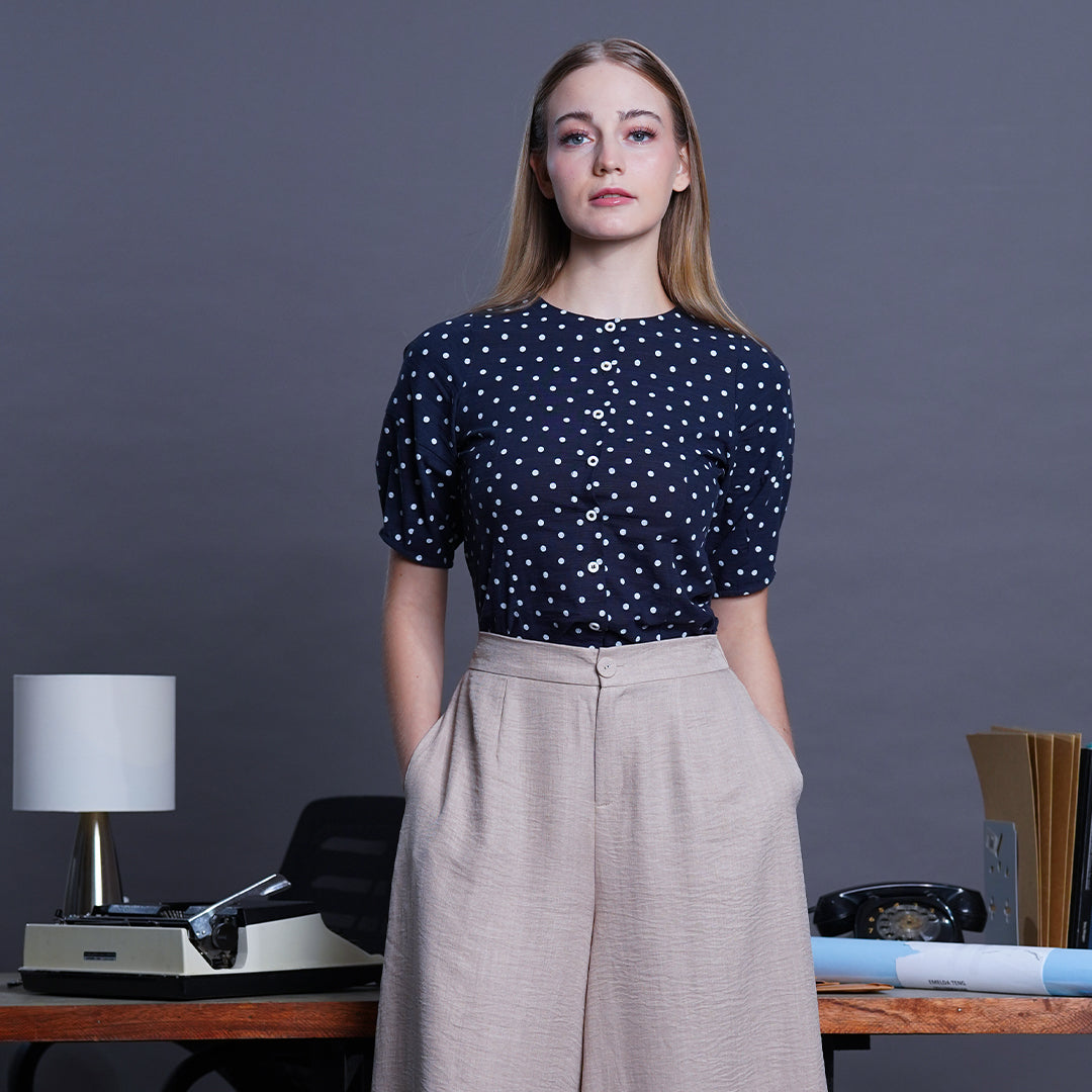 Louise Polka Dot Puff Sleeve Button-Down Blouse