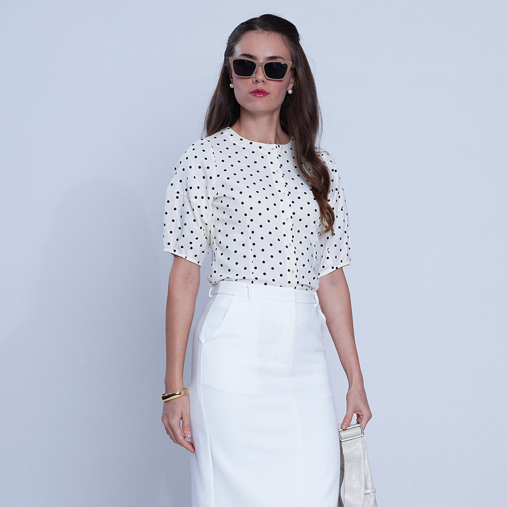 Louise Polka Dot Puff Sleeve Button-Down Blouse