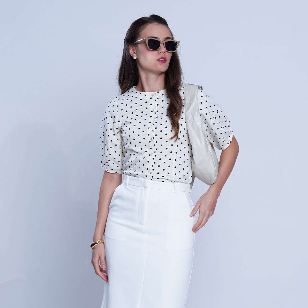 Louise Polka Dot Puff Sleeve Button-Down Blouse