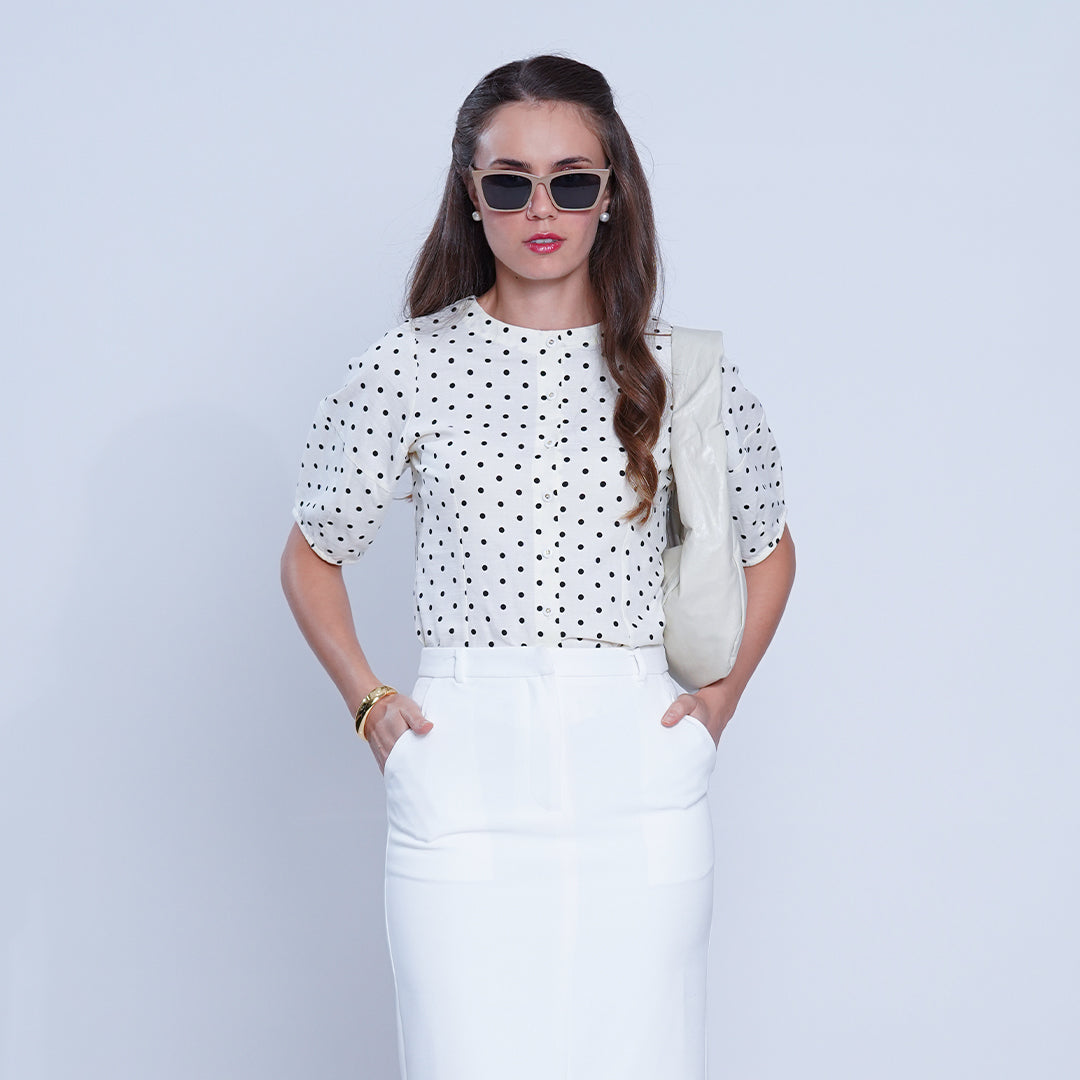 Louise Polka Dot Puff Sleeve Button-Down Blouse