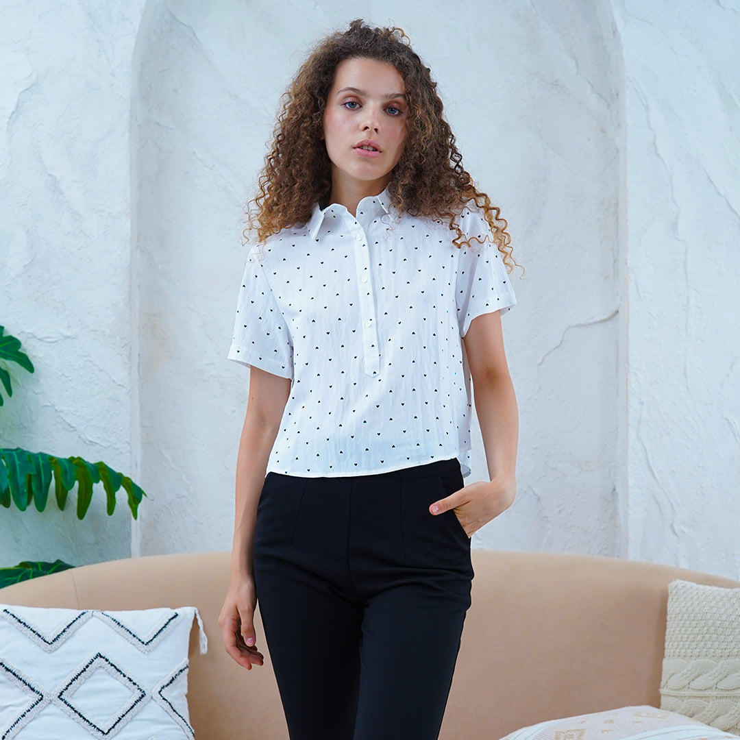 FlutterHeart Collared Blouse with 1/2 Button-Down