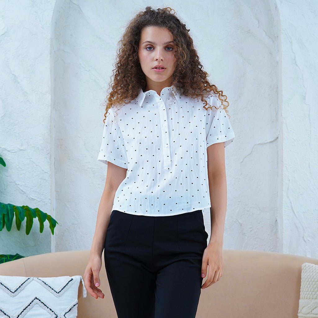 FlutterHeart Collared Blouse with 1/2 Button-Down