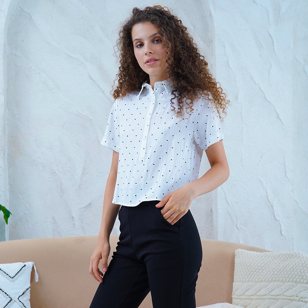 FlutterHeart Collared Blouse with 1/2 Button-Down