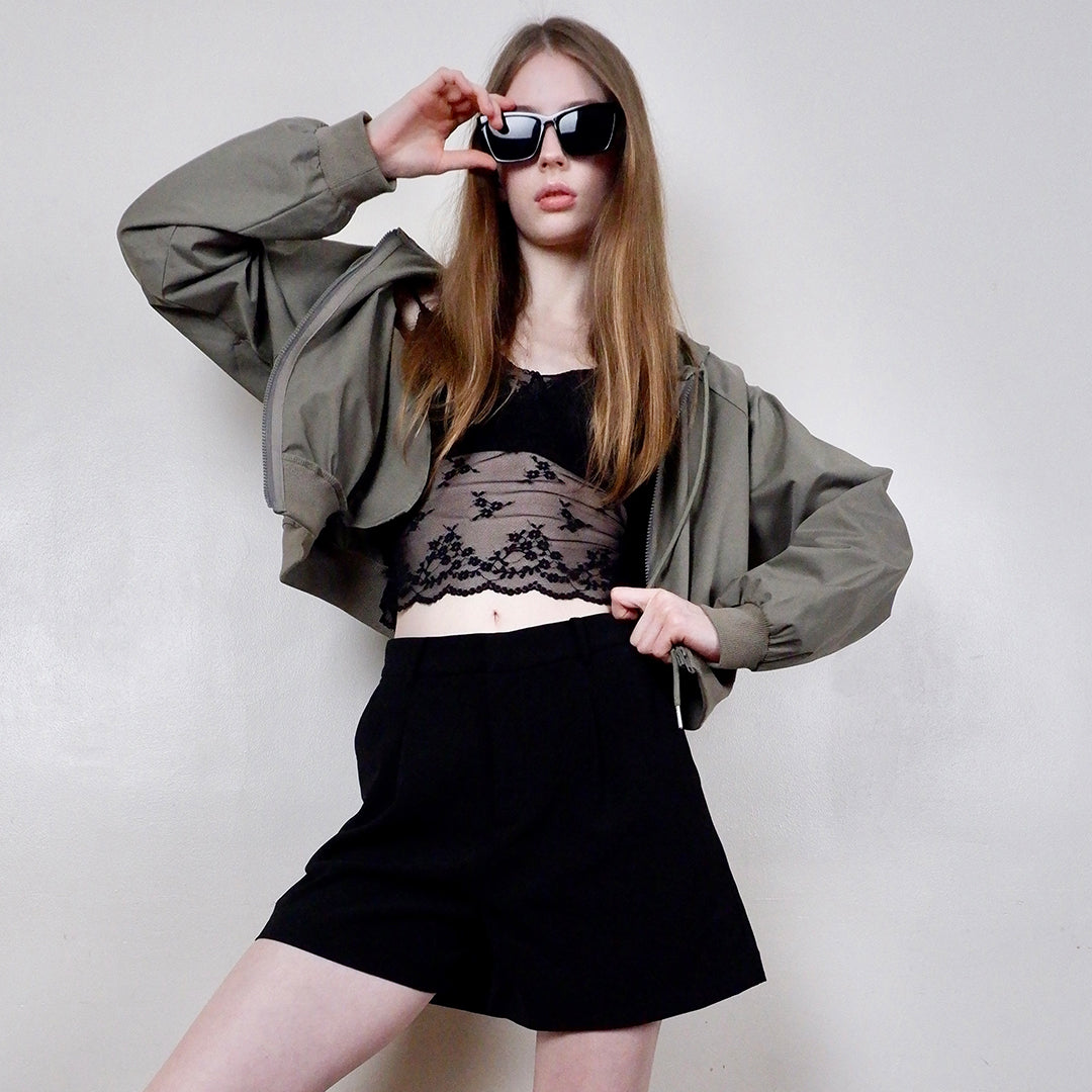 Fency Cropped Bomber Jacket with Drawstring Hood