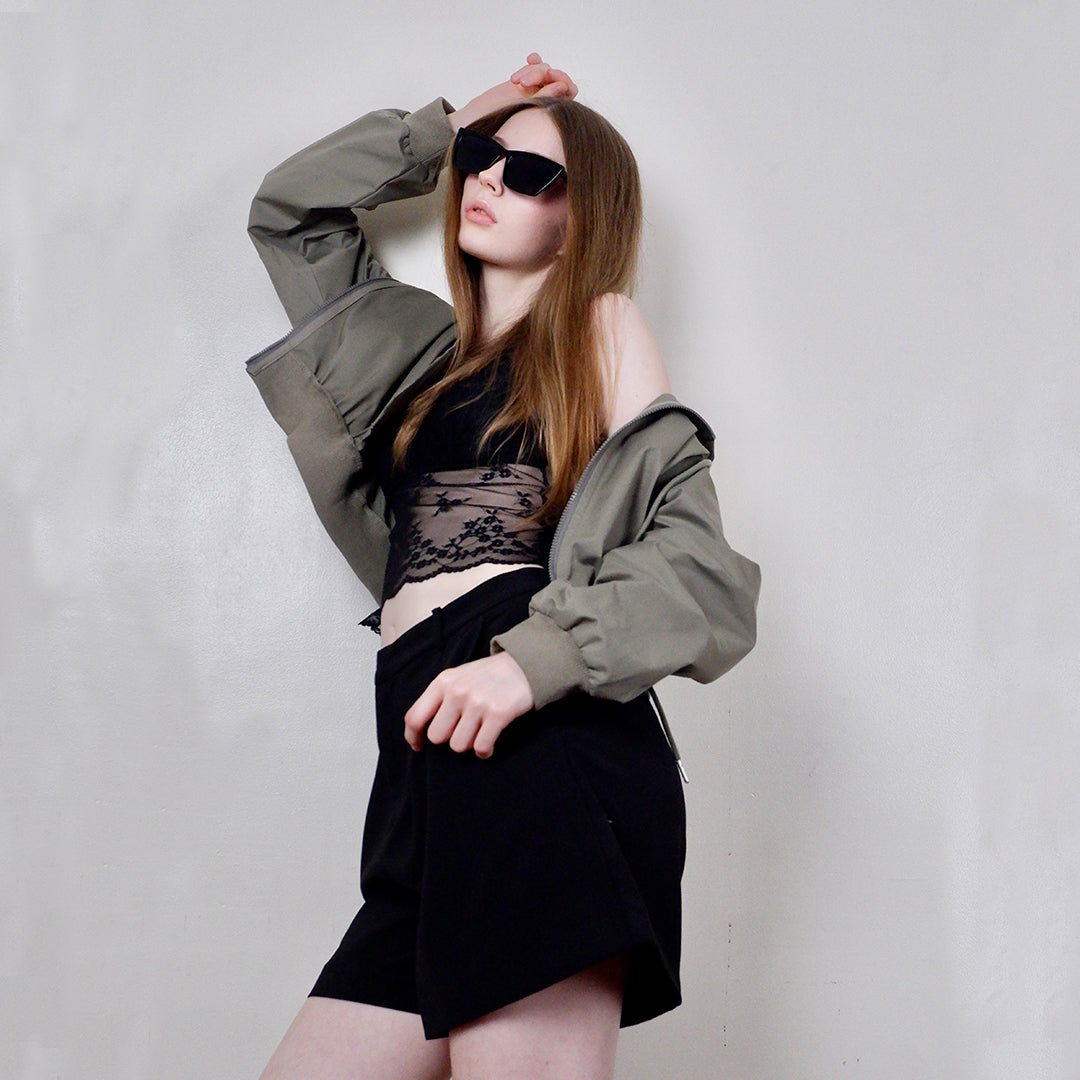 Fency Cropped Bomber Jacket with Drawstring Hood