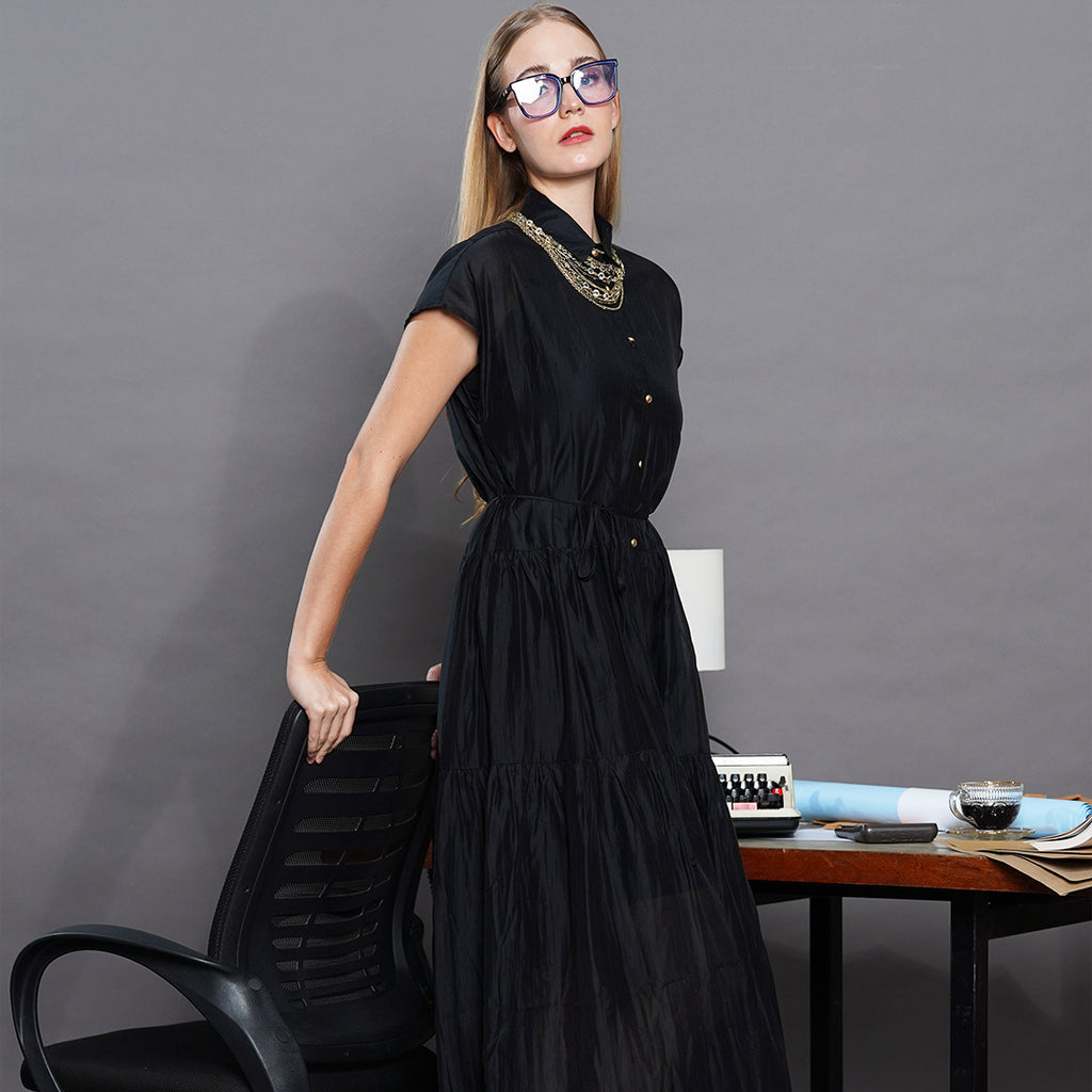 Laxa Lustrous Tiered Midi Shirt Dress with Belt