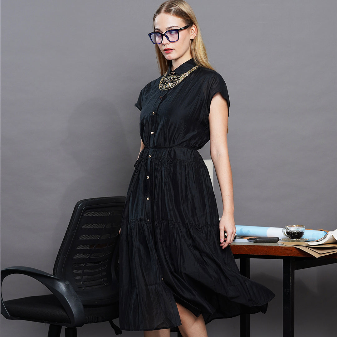 Laxa Lustrous Tiered Midi Shirt Dress with Belt