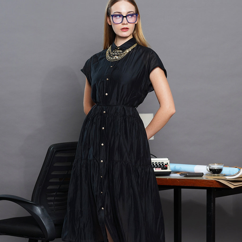 Laxa Lustrous Tiered Midi Shirt Dress with Belt