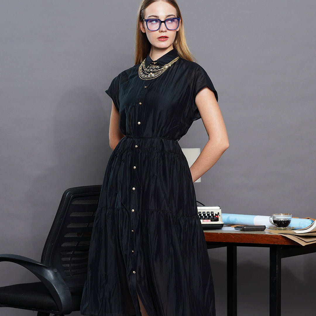 Laxa Lustrous Tiered Midi Shirt Dress with Belt